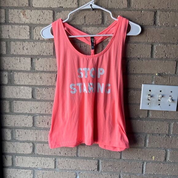 Electric Pink Breaded Racerback Tank Top Sz L Coral Pink Summer Loose Fit - Picture 2 of 8